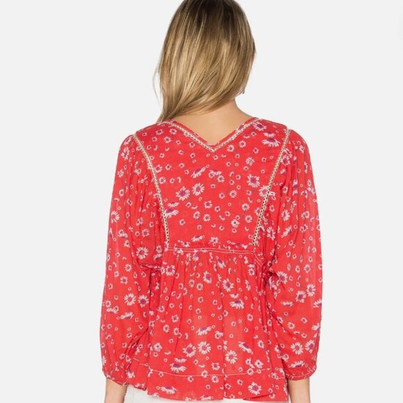 Free People | Never A Dull Moment Blouse Coral Red Peasant Floral Top | Size XS - Picture 3 of 10